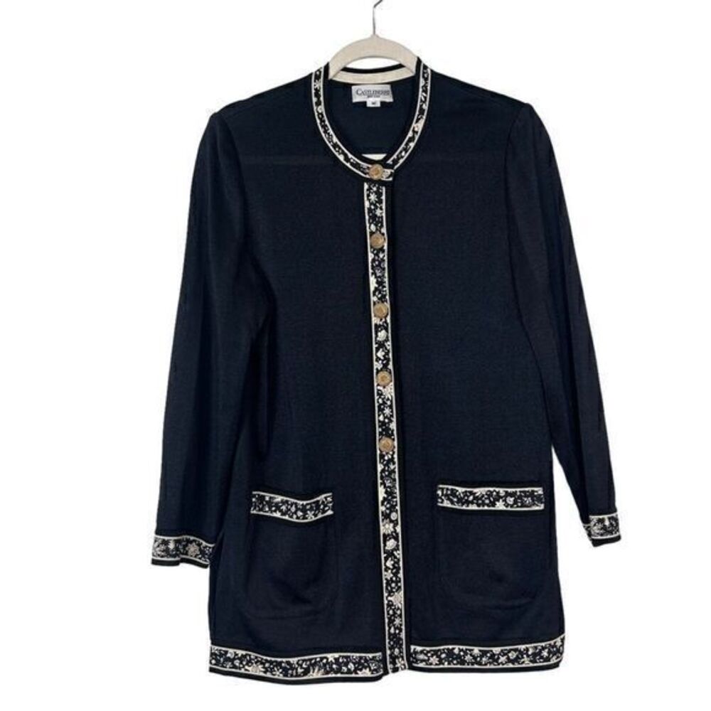 Castleberry Vintage Long Cardigan Sweater Women's Large Black Gold Button Floral